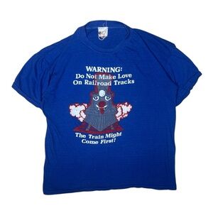Vintage 80s Single Stitch Funny Train Graphic Tee Blue Railroad Humor T-Shirt